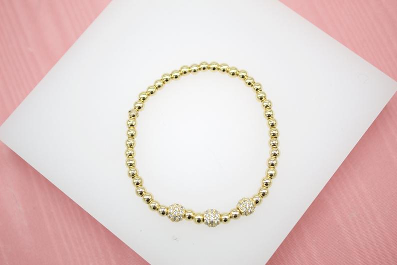 18K Gold-Filled Beaded Bracelet with Three CZ Charms