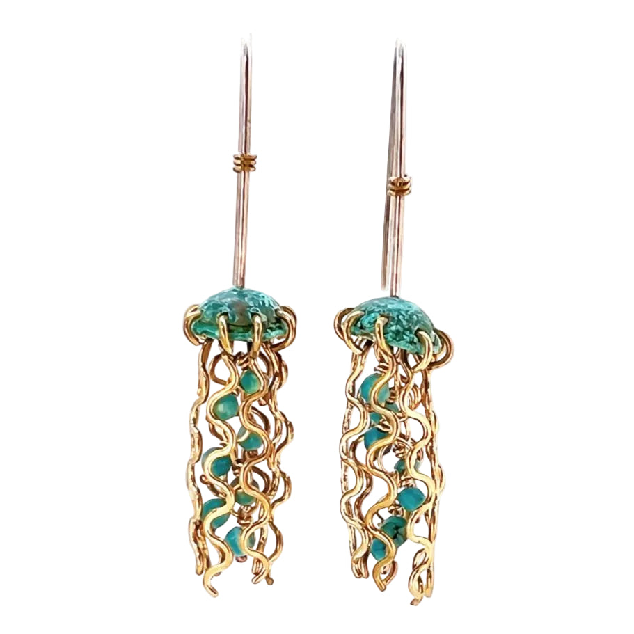 Mini Green Jellyfish Earrings with Turquoise Beads and Hypoallergenic Niobium Earwires